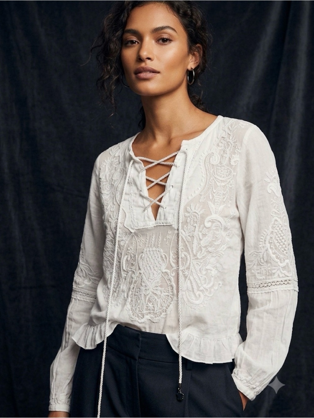 Zara White Lace-Up Embroidered Peasant Tunic